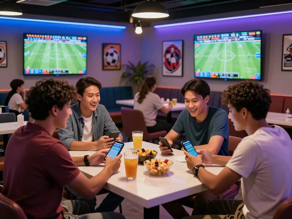 Teman-teman menikmati taruhan olahraga Sydneycuan di lounge permainan yang ramai dengan tampilan pertandingan langsung.