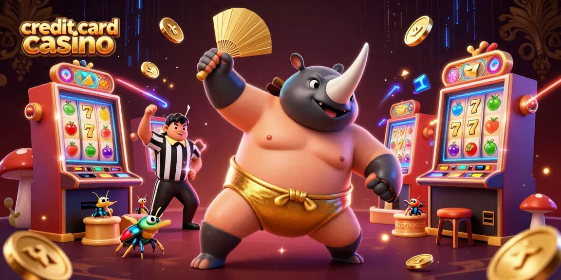 Watch the exciting action at a credit card casino with a sumo beetle champion and vibrant slot machines.