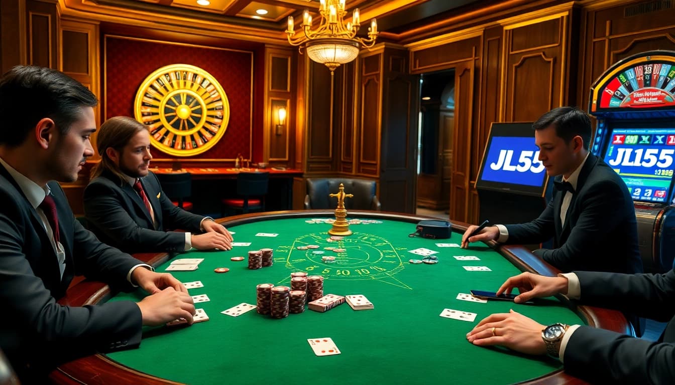 Engaged players at the poker table enjoying high-stakes excitement in a casino scene featuring JL55 elements.