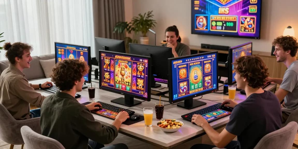 Engaging friends enjoying bonus buy slots uk in a lively home setting with modern gaming decor.
