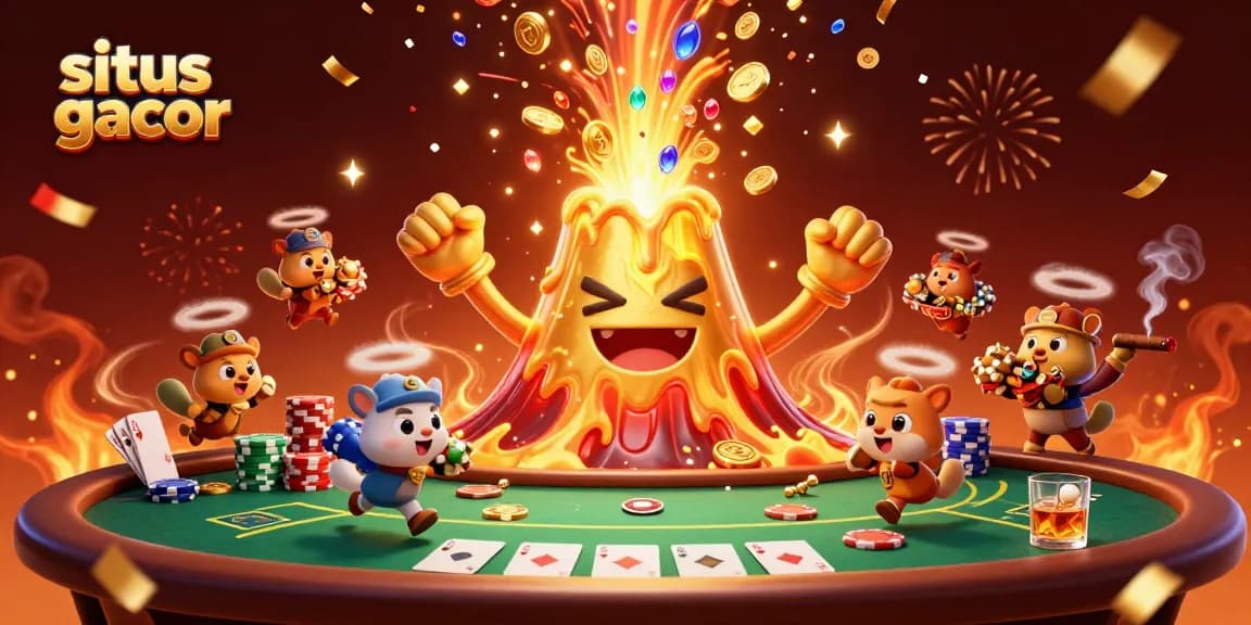 Engage with situs gacor animated treasures erupting from a golden volcano in a festive casino setting.