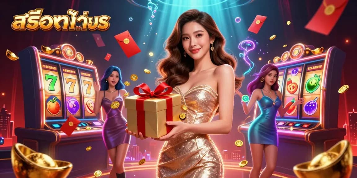Play สล็อตทดลอง with vibrant slot reels and festive casino elements in a stunning illustration.