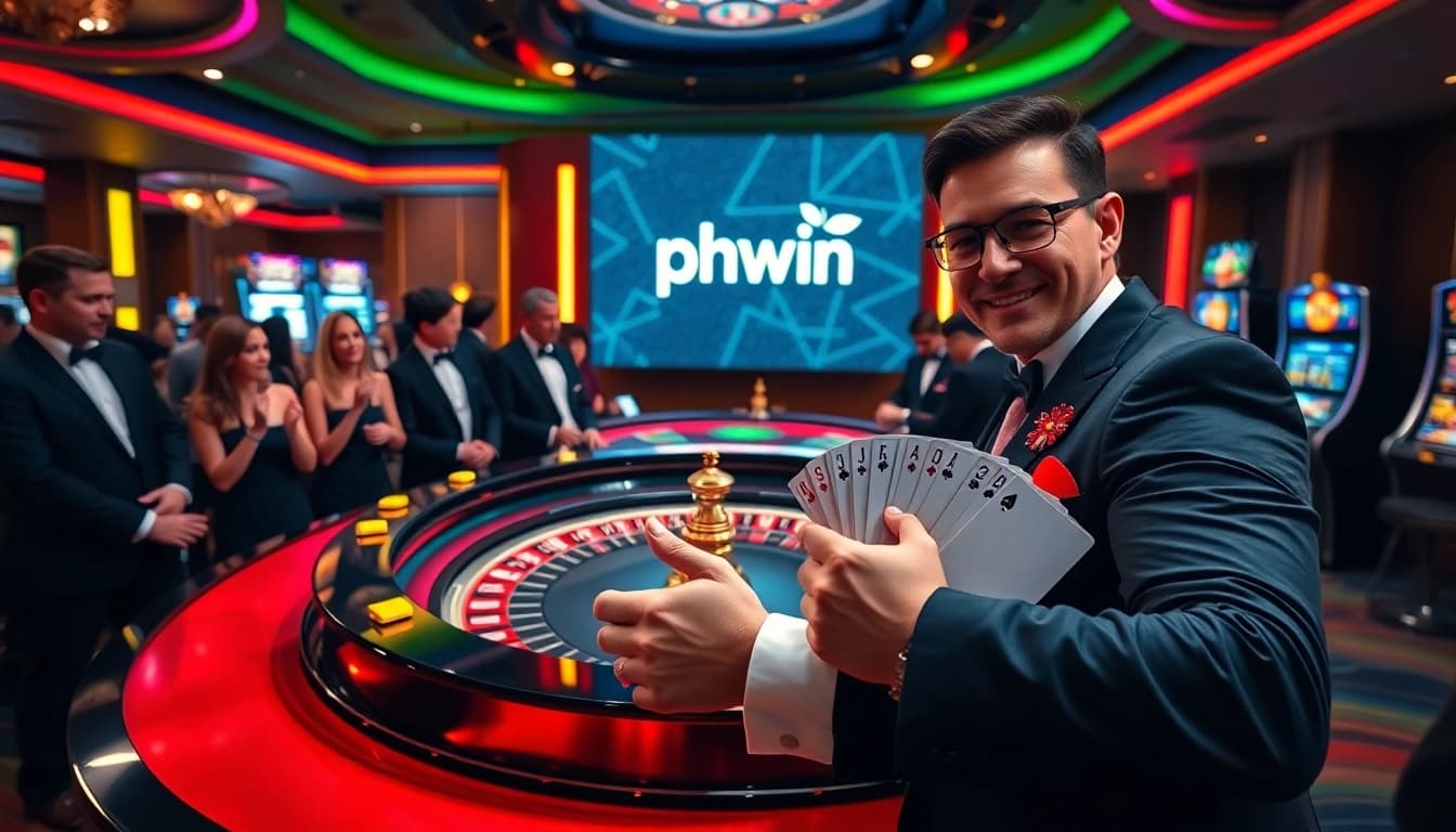Experience the excitement of phwin with a luxurious casino scene featuring roulette and poker.
