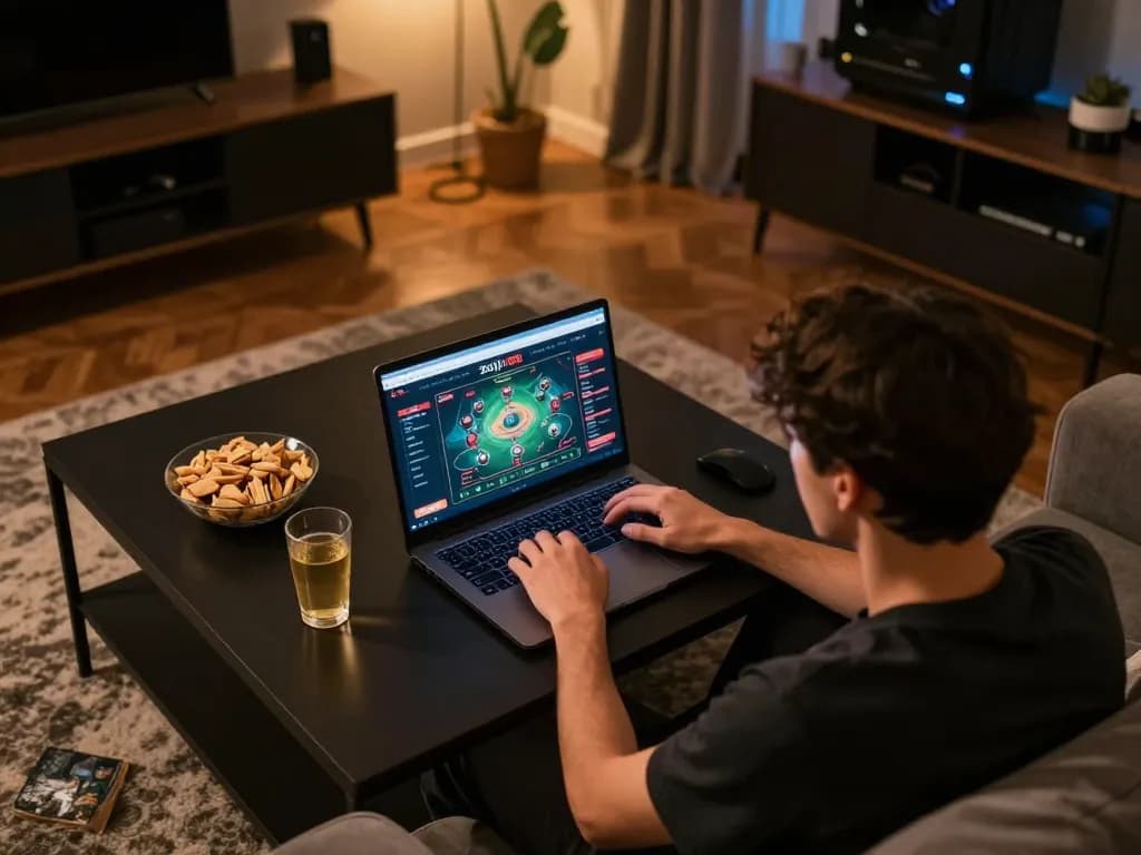 Player strategizing on zkjj188 online casino in a cozy home setup with warm lighting