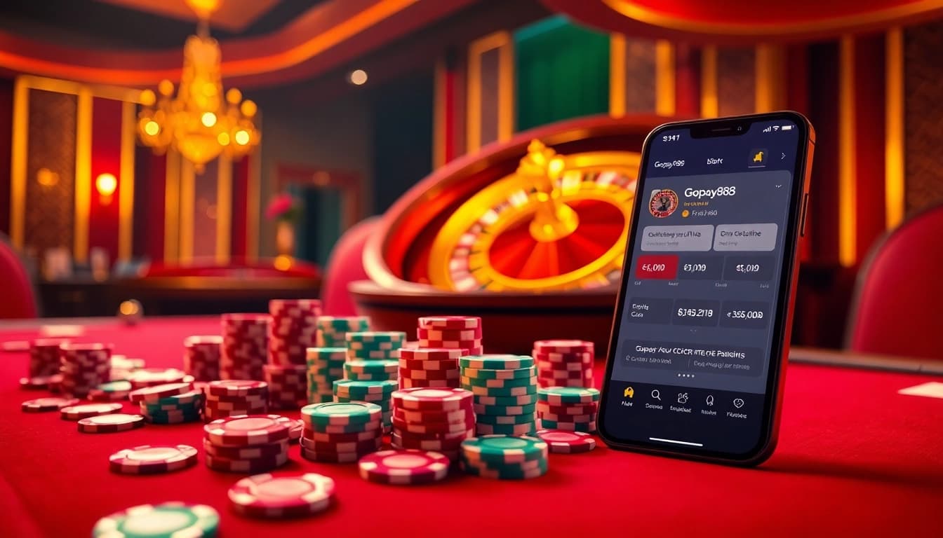 Exciting Gopay88 casino scene with poker chips and a roulette wheel illuminating vibrant gambling atmosphere.
