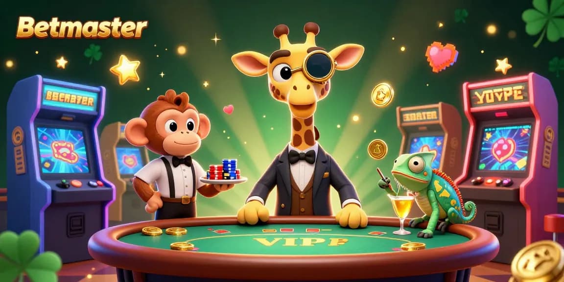 Experience the thrill of gaming with Betmaster's 3D cartoon high-roller giraffe at a VIP poker table.