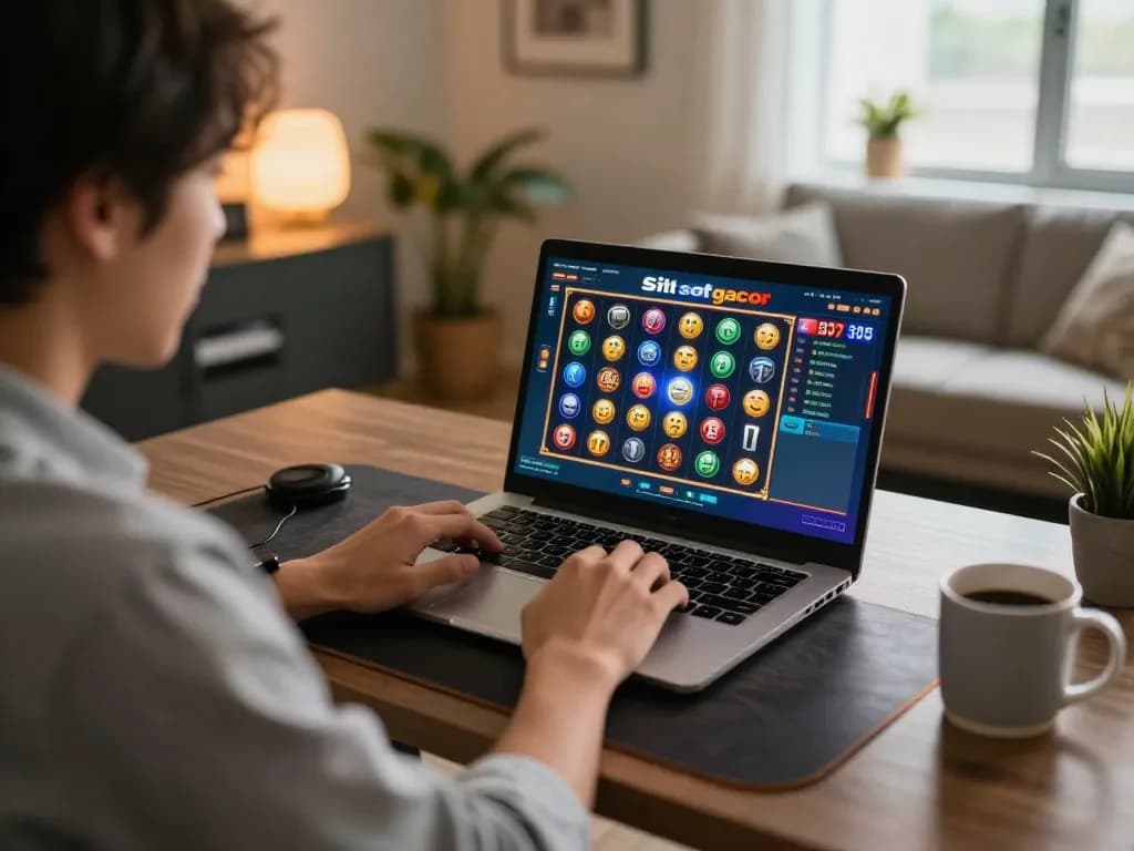 situs slot gacor gameplay on laptop with a relaxed home setup and strategic focus
