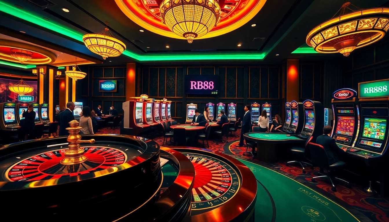 Experience the excitement of RR88 with players at luxurious casino tables.