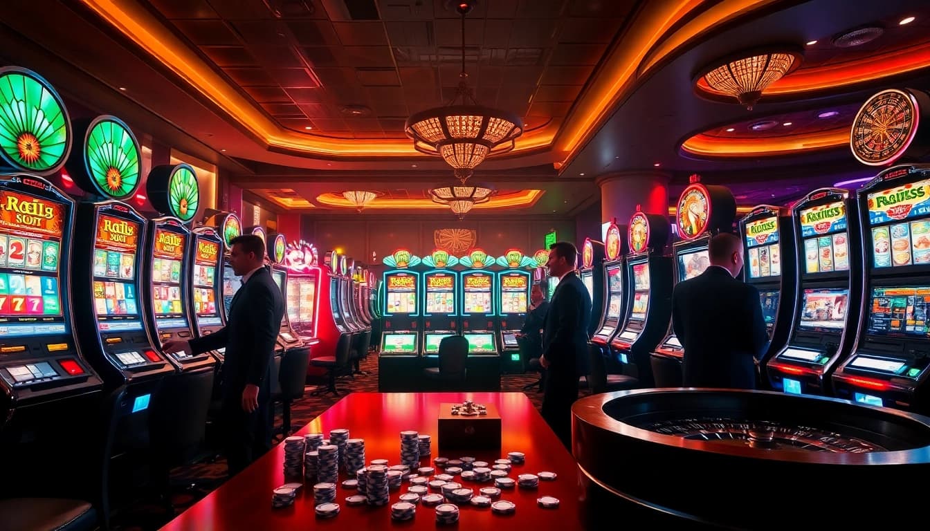 Gamblers enjoying exhilarating slot machine games in a vibrant casino atmosphere.