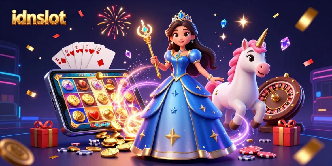 Play thrilling slots with idnslot while celebrating with vibrant confetti and dynamic visuals.