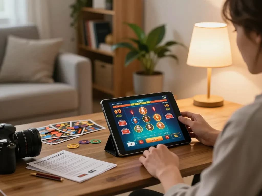 Person playing at casinos not on gamstop using a tablet, surrounded by strategy notes and warm lighting.