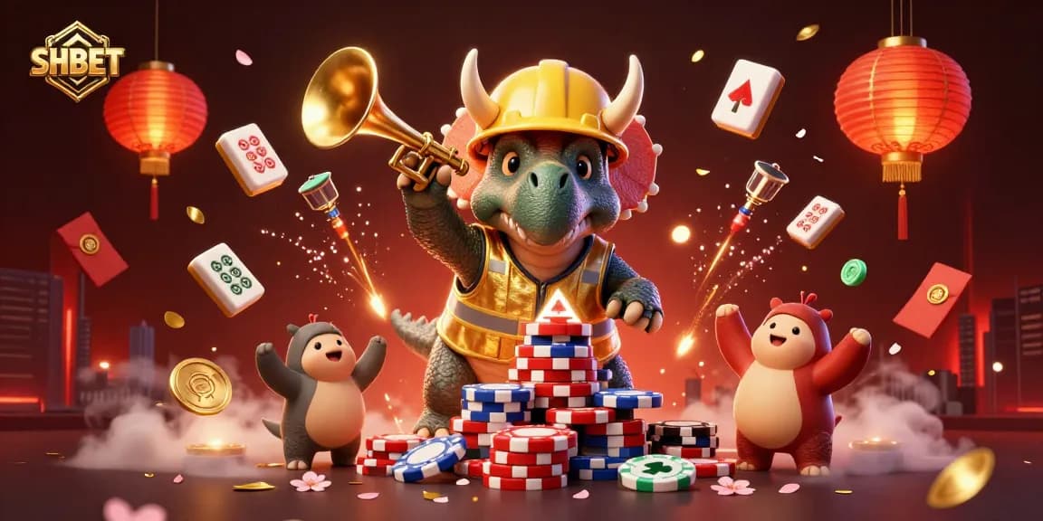 SHBET players celebrate their wins in a vibrant 3D casino scene filled with festive elements.