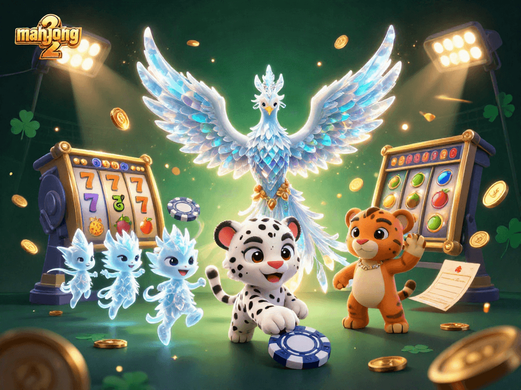 Engage in mahjong 2 with vibrant casino elements and lively characters in a captivating scene.