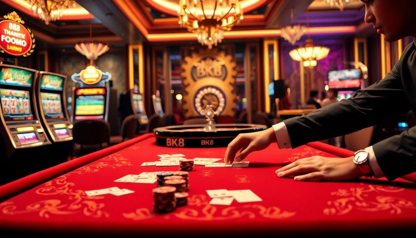 Engaged gambler at a BK8 เว็บตรง casino table with vibrant chips and cards, exuding excitement.