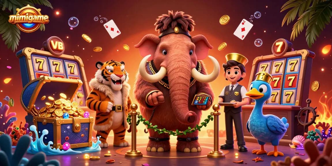 Experience mimigame excitement with a whimsical casino scene featuring unique characters and vibrant game elements.