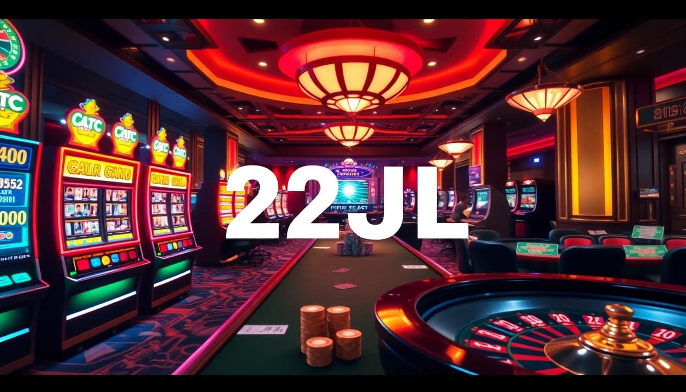 Enjoying a thrilling game at 22JL casino with vibrant slot machines and poker tables.