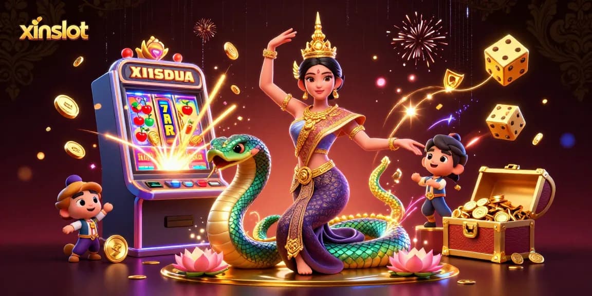 XINSLOT showcases an immersive scene with a Thai dancer, Naga serpent, and vibrant casino game elements.