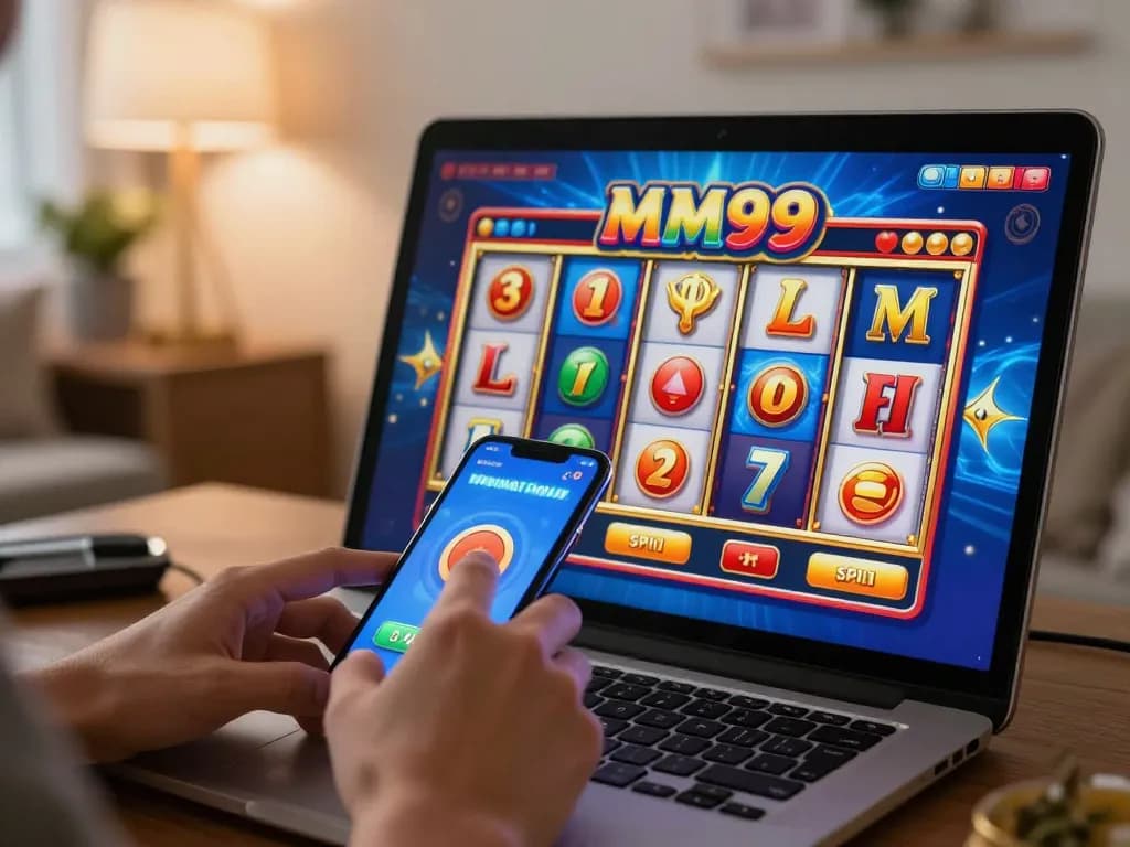 Engaging gameplay on MM99 Slot with vibrant reel graphics and player's hand ready to spin.