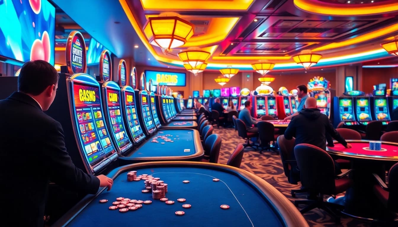 Spieler genießen casinospielen an lebhaften Spielautomaten in einem Casino.