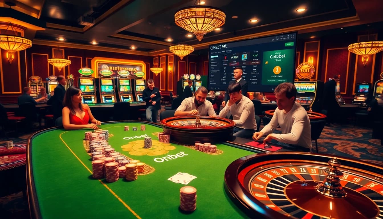 Winning moment at ONBET with players celebrating around vibrant casino tables.