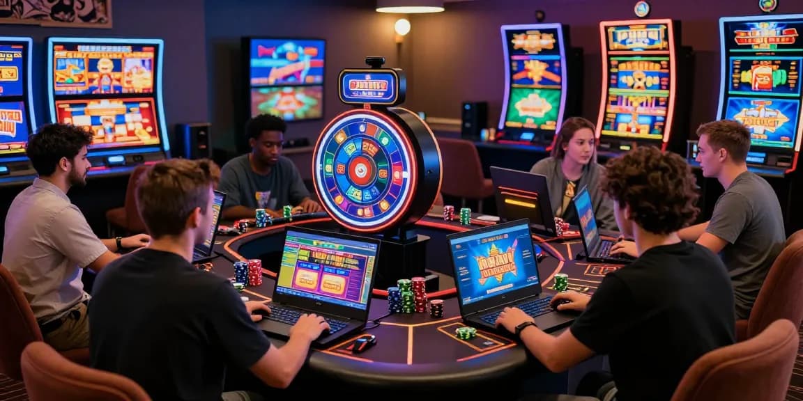 Engaging casino gaming environment featuring diverse players at laptops, exploring non UK casinos at https://dsam.org.uk.