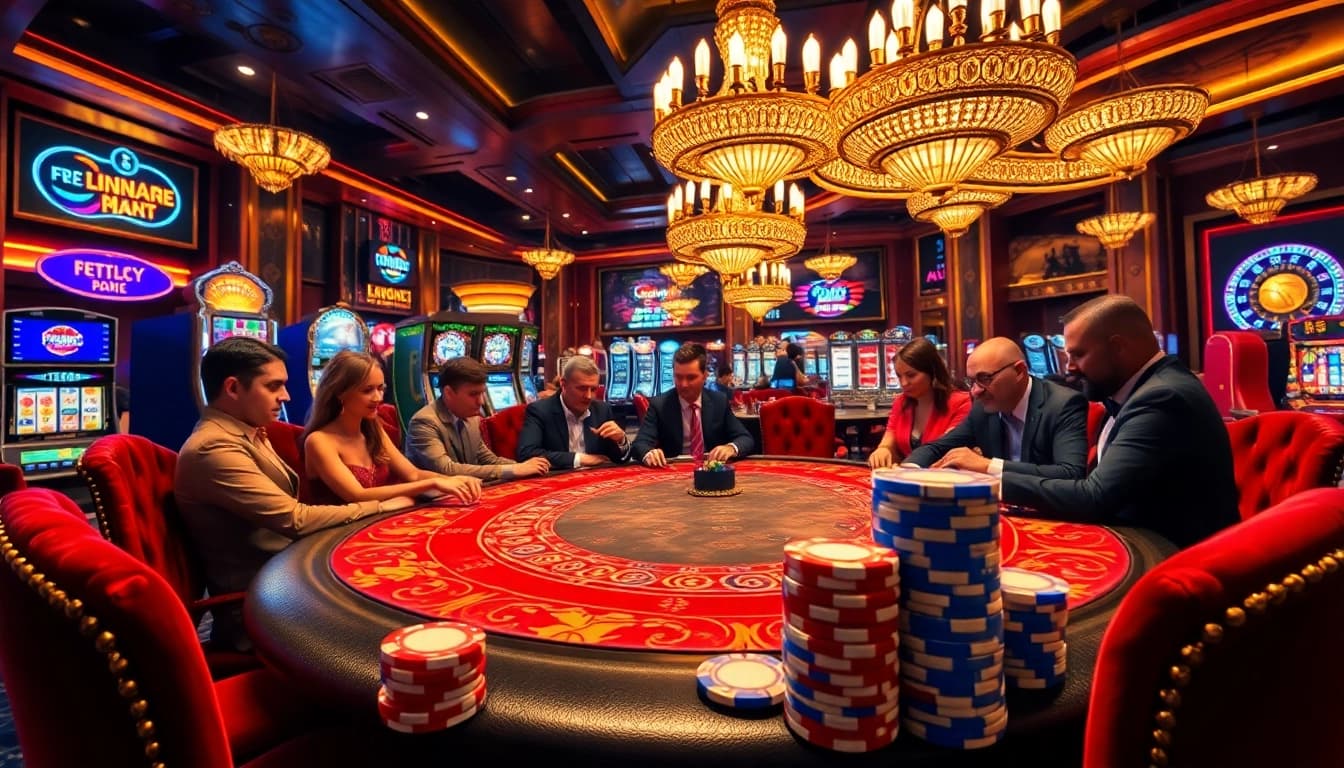 Gambling action at a luxurious casino table with poker chips and elegant players - 88xx themed.