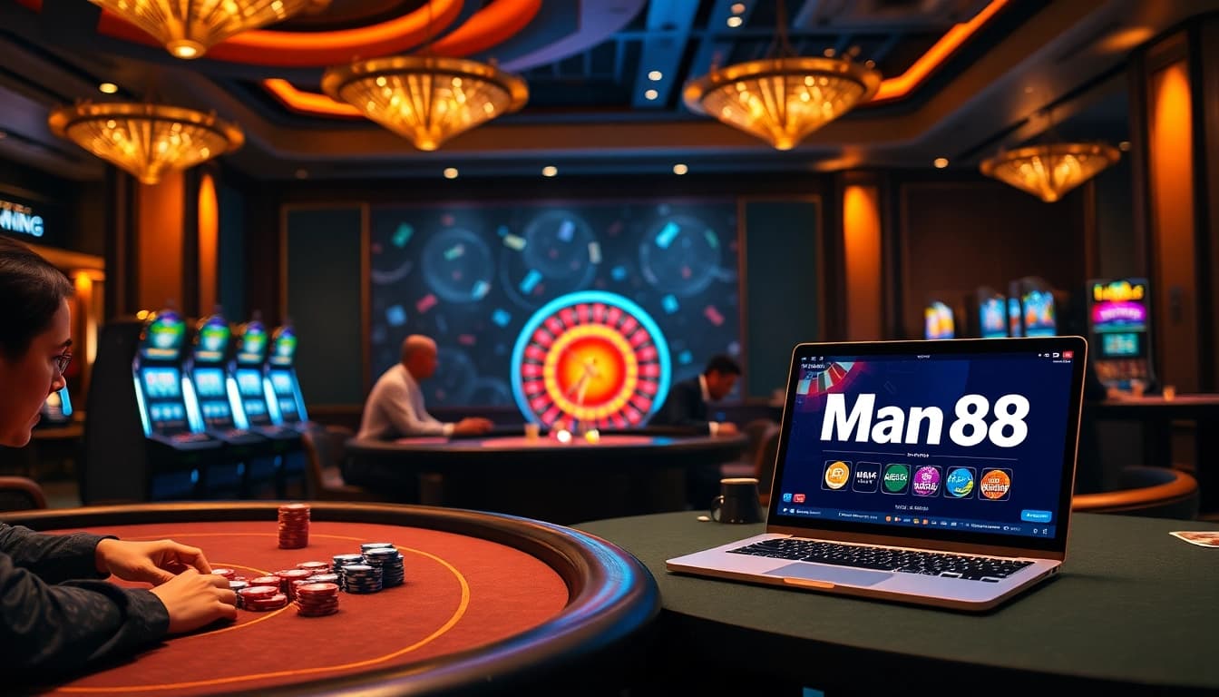 Man88 casino scene with poker tables, roulette wheel, and vibrant slot machines illuminating the atmosphere.