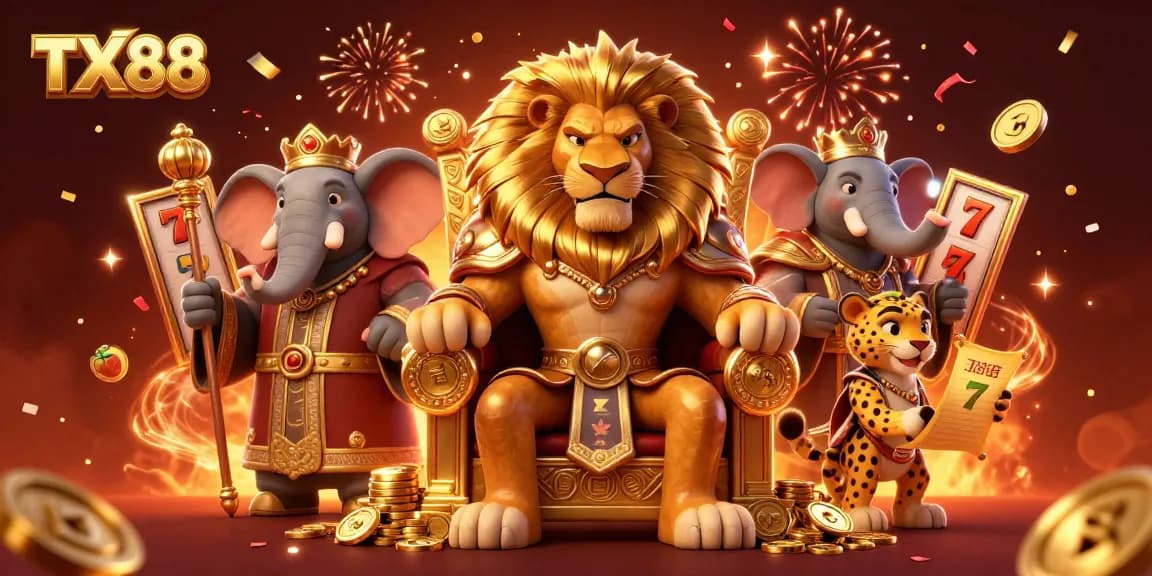 TX88 casino game featuring a fierce lion king, showcasing slot reels and celebratory elements.
