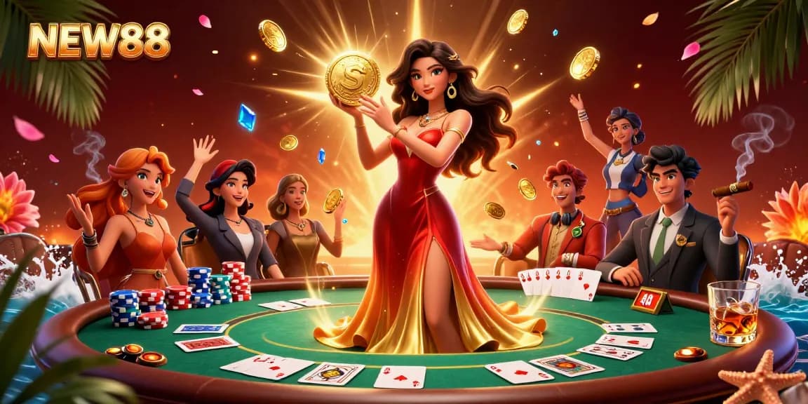 Experience the thrill of NEW88 gaming with a stunning scene showcasing a glamorous Asian woman holding a golden coin amidst vibrant casino elements.