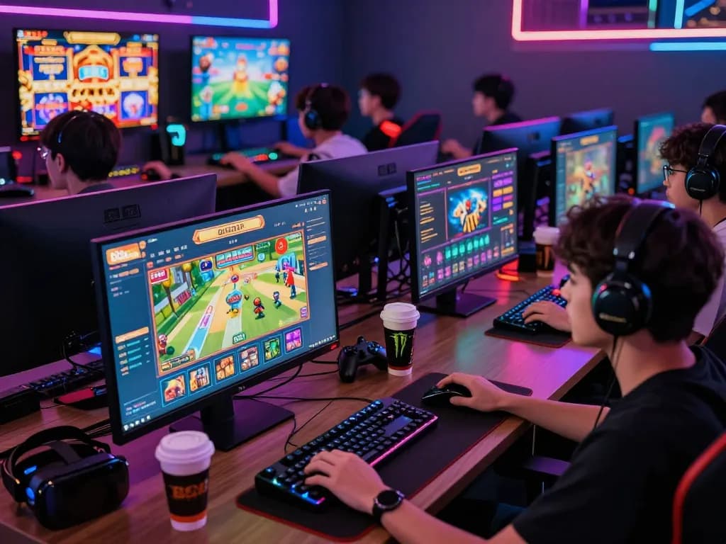 Engaged 88aa player immersed in online gaming with multiple screens and vibrant atmosphere.