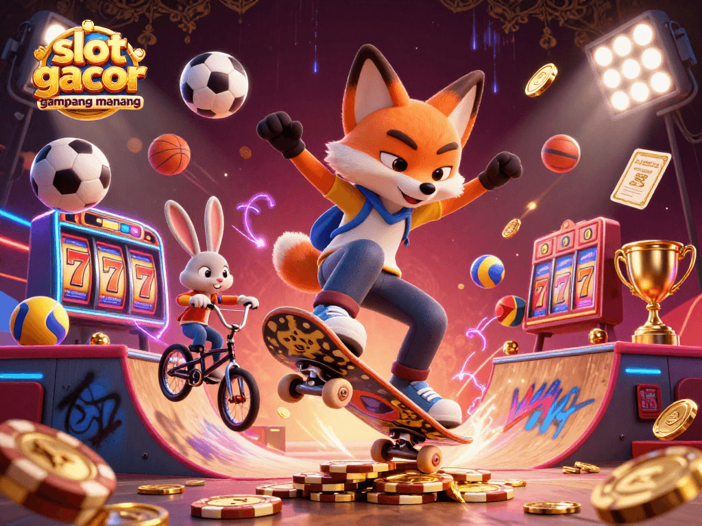 Experience slot gacor gampang menang with action-packed visuals of a skateboarder fox and BMX rabbit in a casino-themed scene.