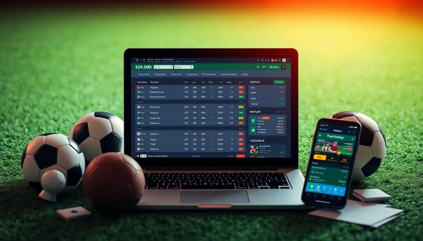 Engaging online betting scene highlighting trang cá cược bóng đá with a laptop and football elements.