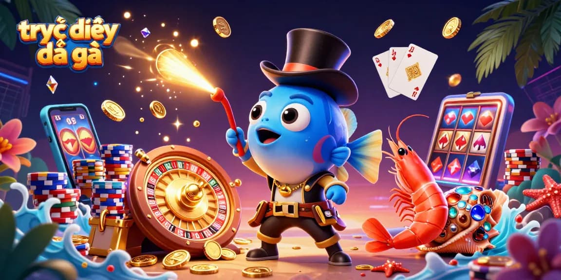 Watch trực tiếp đá gà with vibrant characters attracting golden coins in a dynamic casino-themed illustration.
