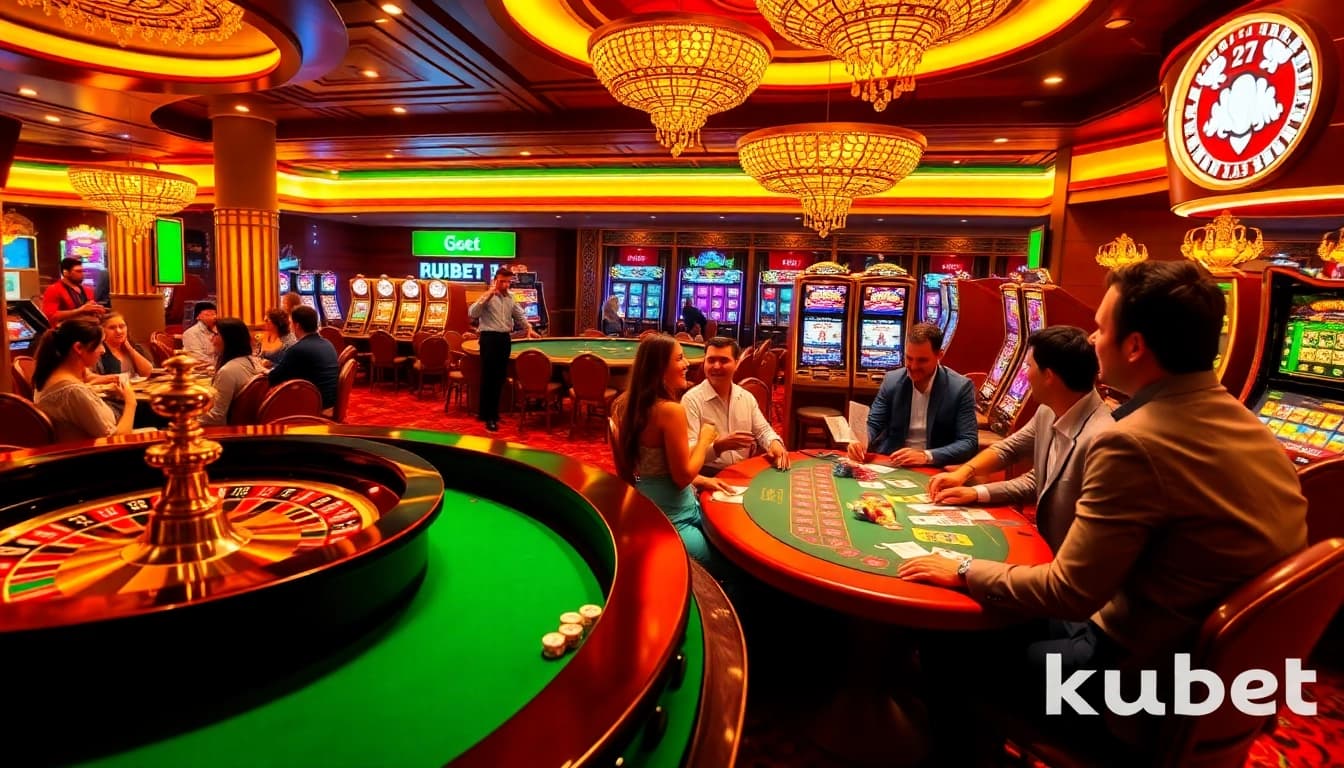 Kubet players enjoying an exciting casino atmosphere with roulette, poker, and slot machines.