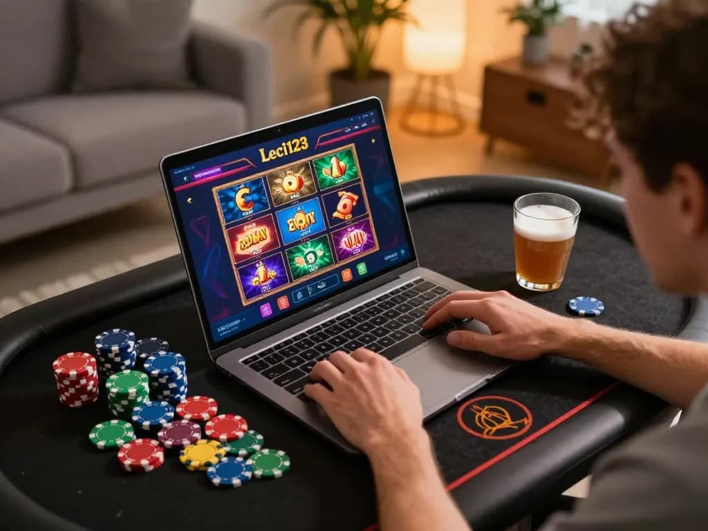 Leci123 player engaging in online casino gaming with vibrant environment and colorful betting chips