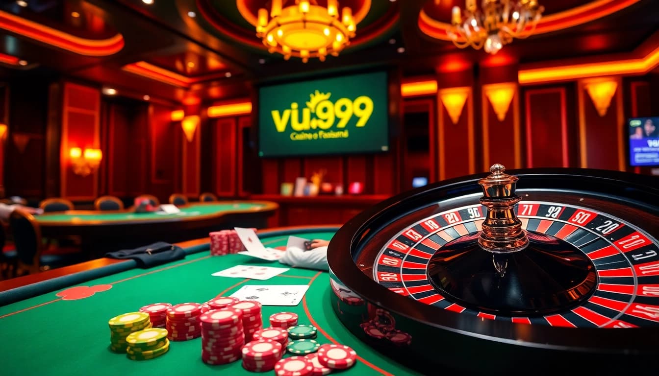 Experience the thrill of gambling at vua99 with an engaging casino scene featuring vibrant poker action.