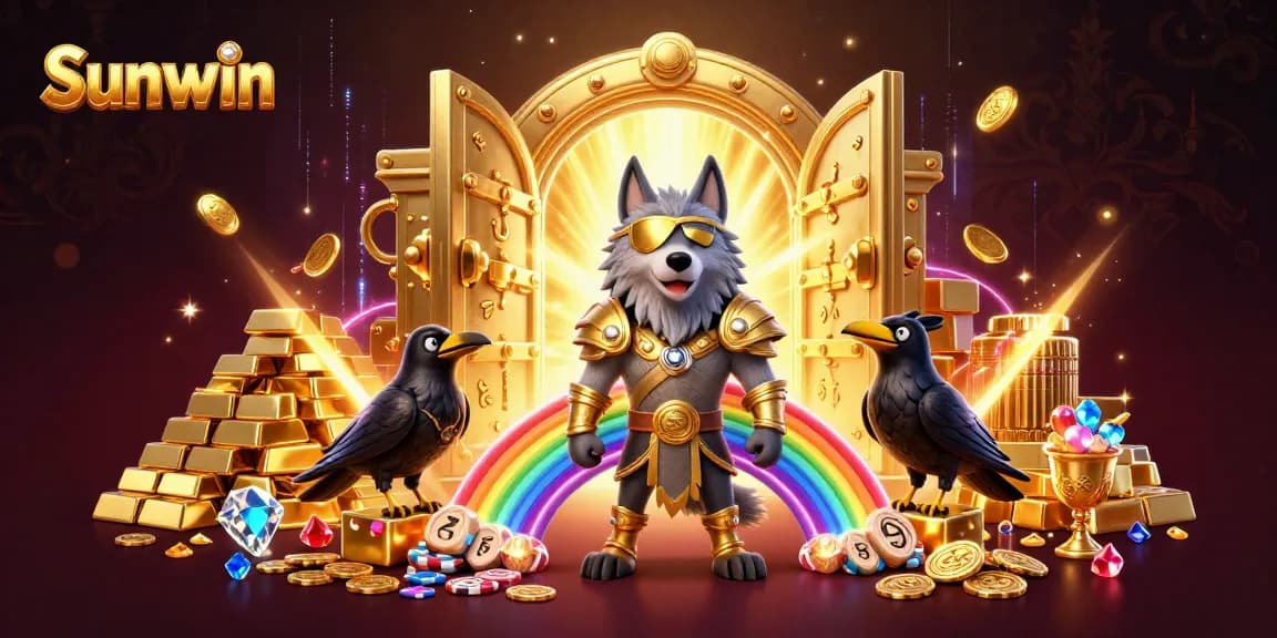 Sunwin promotes a captivating scene with Odin, his ravens, and vibrant casino elements, celebrating gaming excitement.