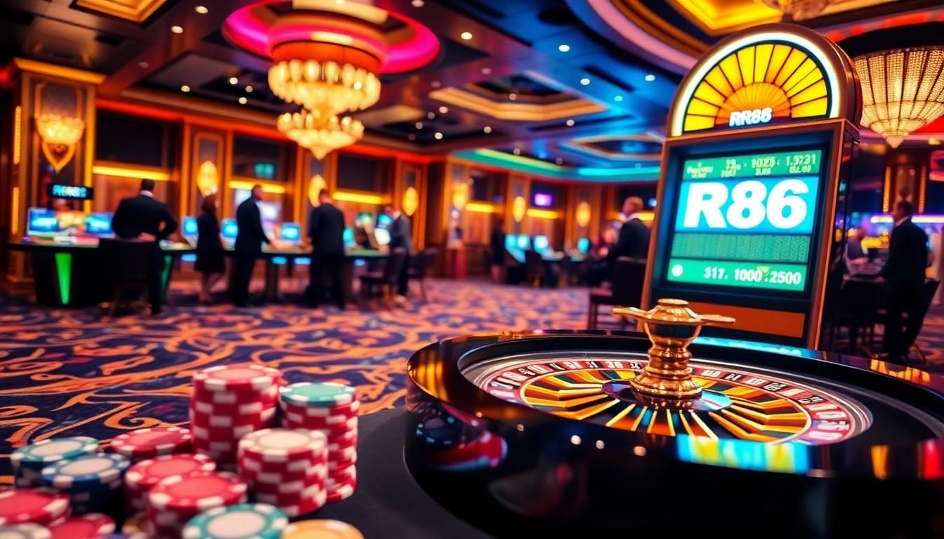 RR88 gamblers testing their luck at a vibrant casino table with poker chips and a roulette wheel.