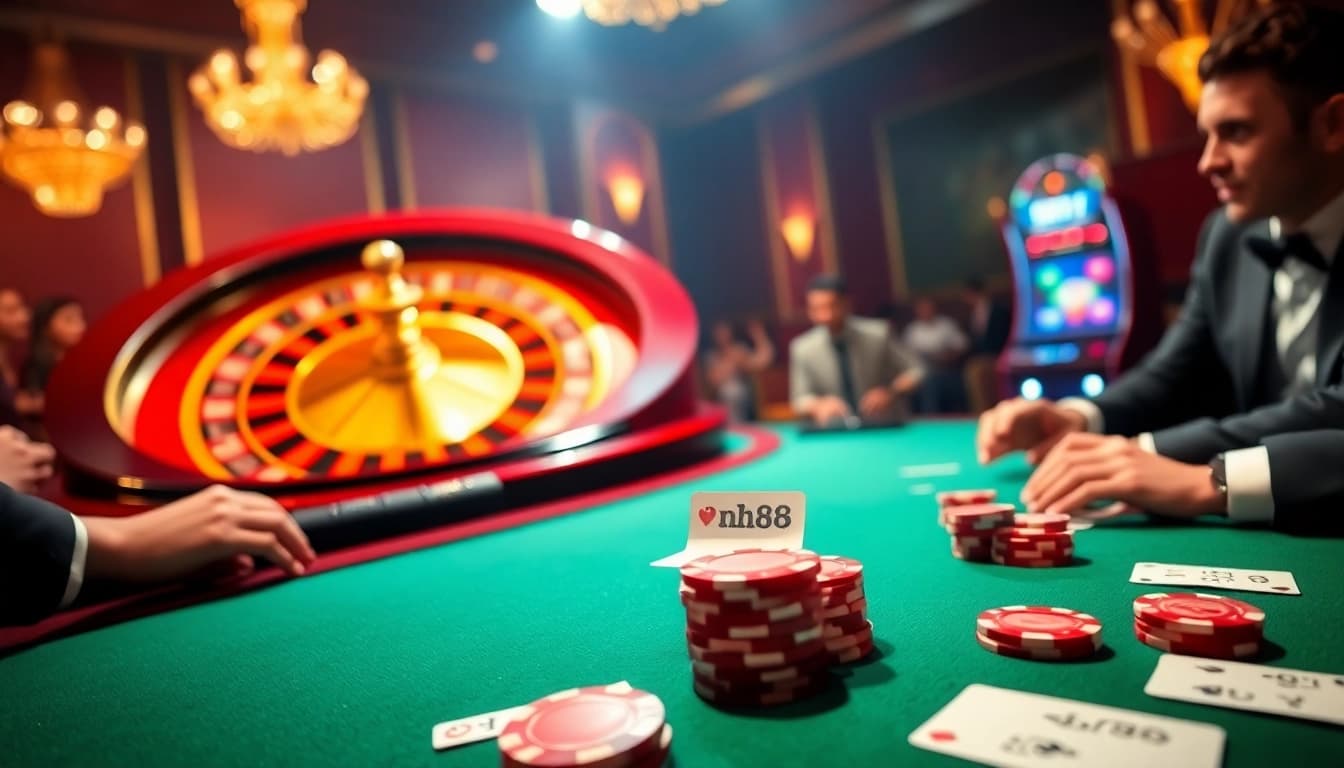 Engaged players at the nh88 casino table, showcasing excitement with poker chips and cards.