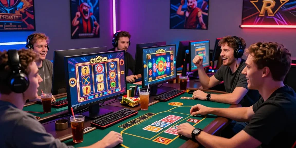 Excited group playing at credit card casinos UK in vibrant gaming room, showcasing fun and camaraderie with colorful graphics on screen.