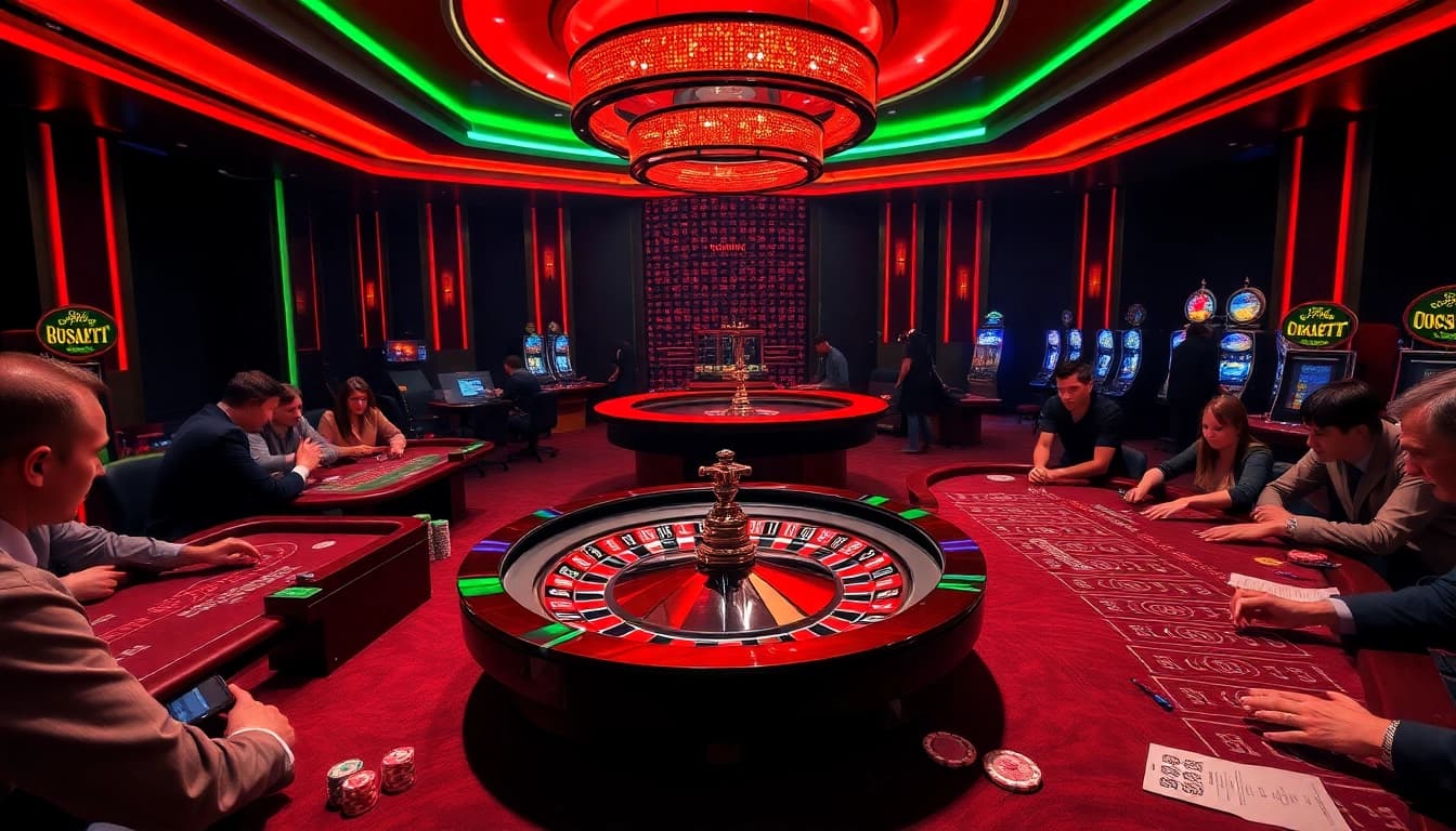 Players engaging with roulette and poker at fun79.today casino in a vibrant gaming hall.
