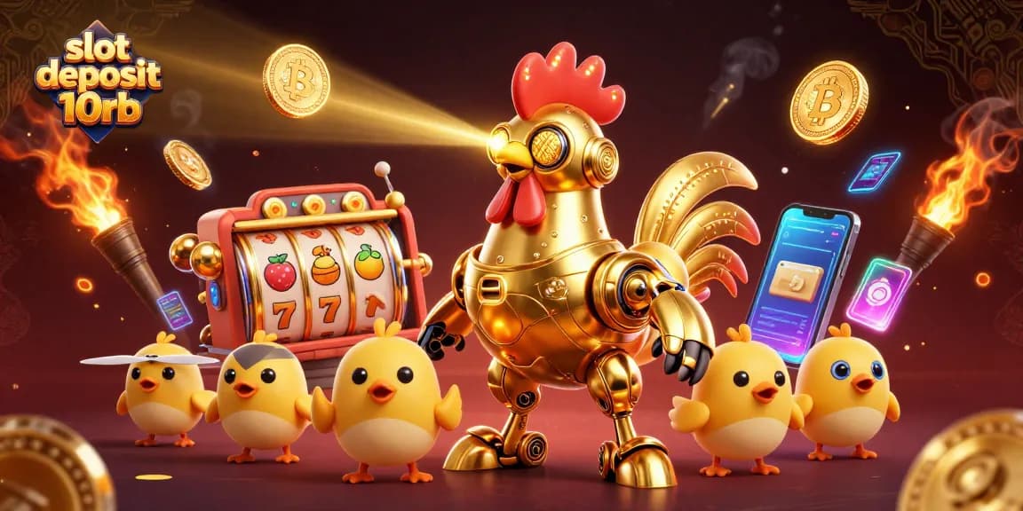 Win with slot deposit 10rb in a vibrant 3D casino scene featuring retro-futuristic characters.