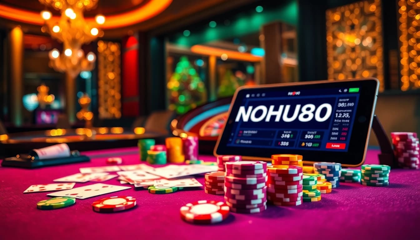 Action-packed casino scene featuring NOHU90 poker tables and vibrant chips.