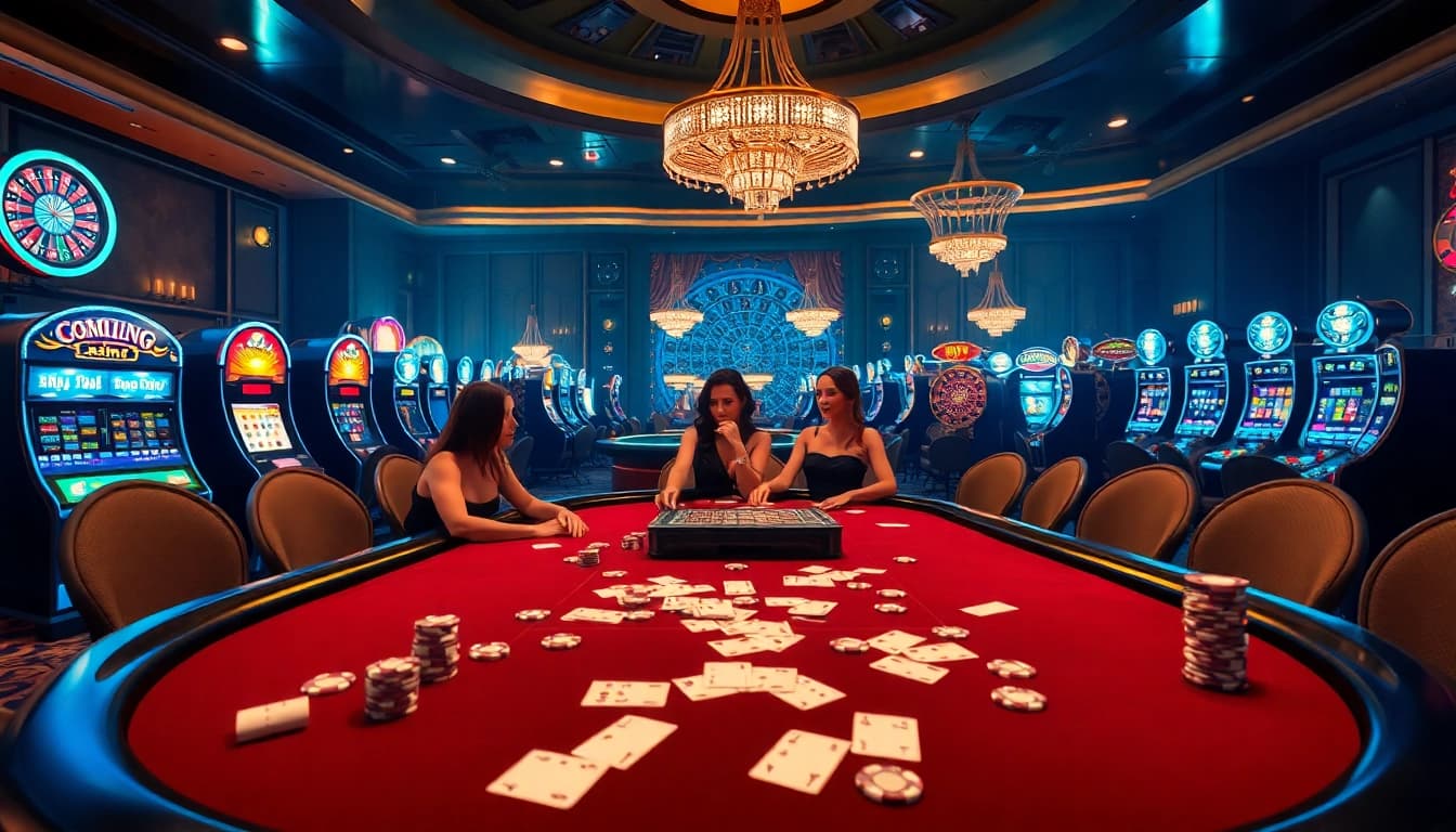 Exciting poker table action at https://mk8th.net/ with luxurious casino atmosphere and vibrant gaming elements.