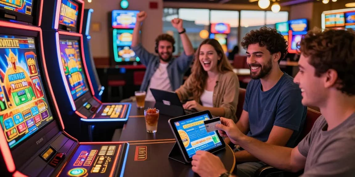Exciting online casino scene at https://ecpc.org.uk with players using credit cards, colorful slot machines, and vibrant atmosphere.