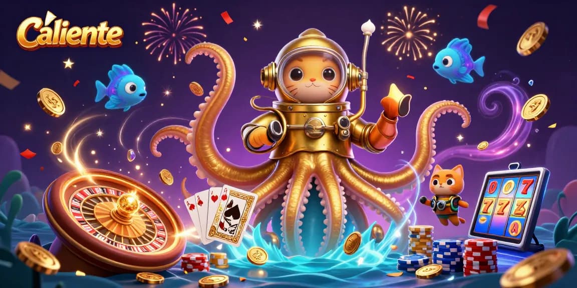 Experience Caliente's captivating gambling energy with a kraken and diving cat amidst dazzling casino elements.
