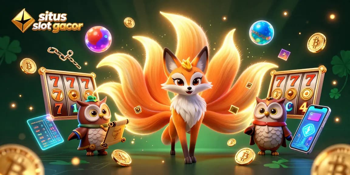 Permainan situs slot gacor yang menyenangkan dengan karakter buku sihir dan koin kripto berkilauan dalam gambar ilustrasi menarik