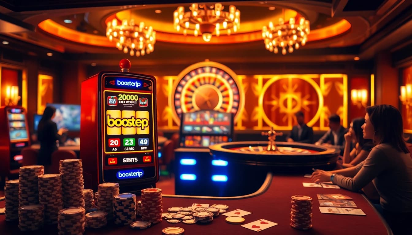 Experience the thrill of winning at the boosterjp slot machines, surrounded by vibrant poker chips and exciting casino ambiance.