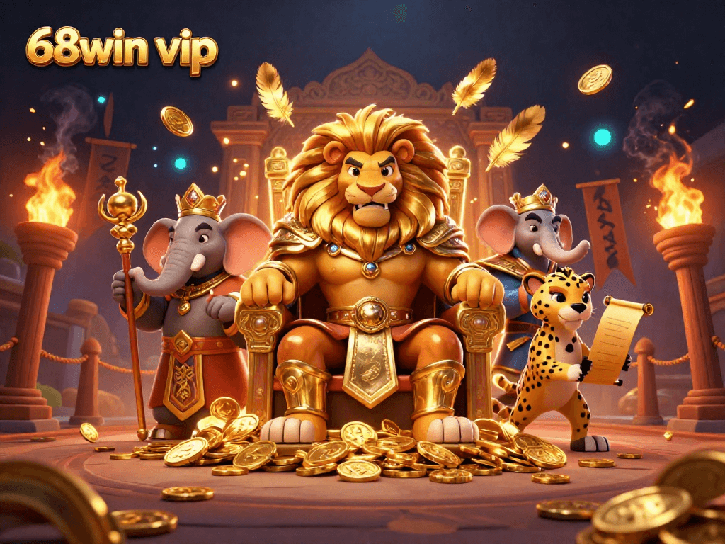 Winning big at 68win vip with a fierce lion king amidst gold coins in a luxurious gaming world.