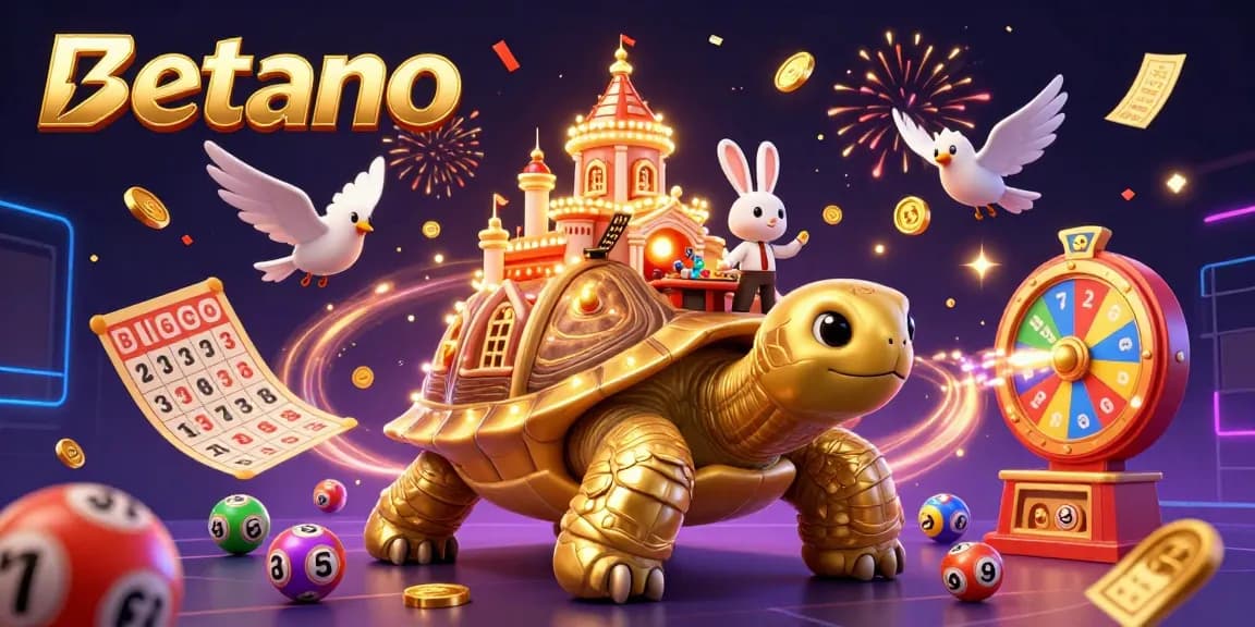 Experience the excitement of Betano's gaming with a vibrant 3D illustration featuring a casino on a tortoise's shell.